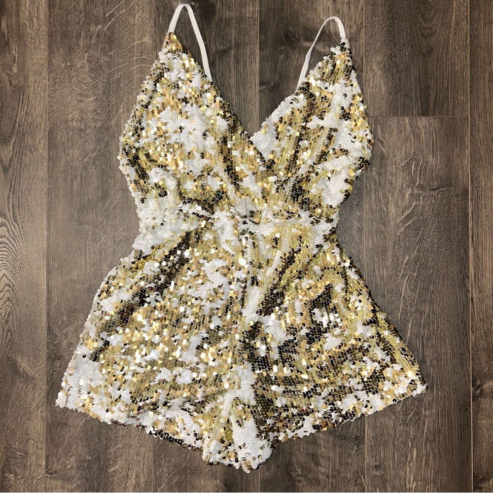 L’ATISTE White & Gold Sequin Low Back Romper